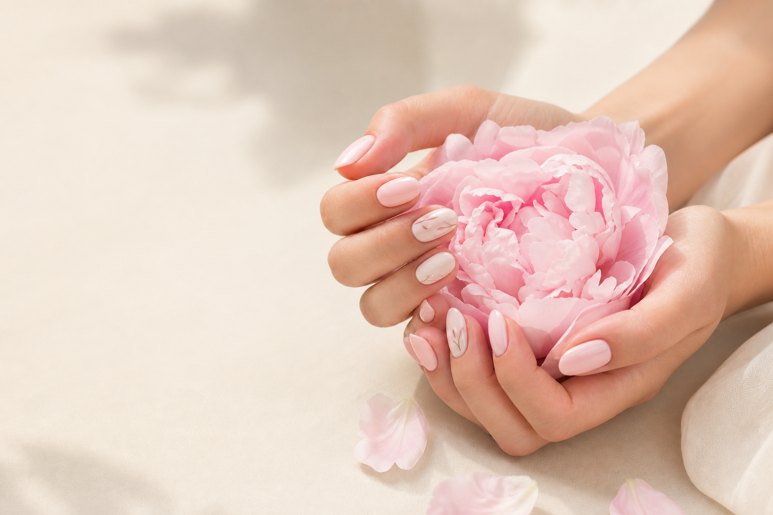 Manicured hands holding a pink flower